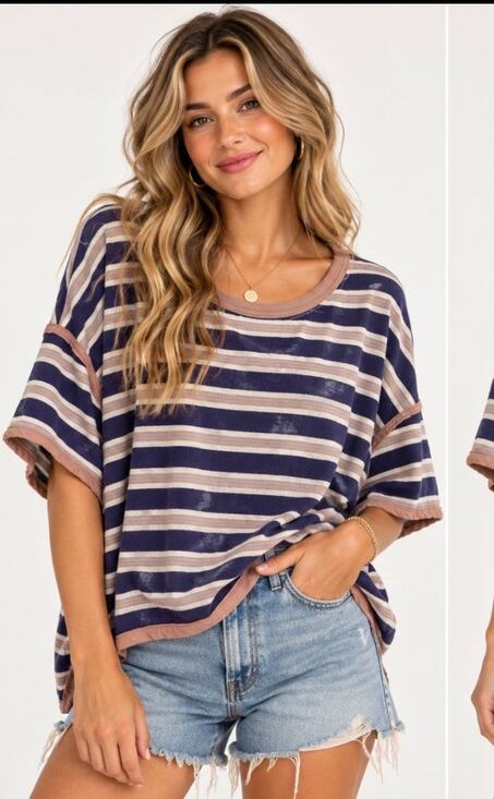 We the Free Tops - Free People We The Free Oversized Striped Boxy Tee Navy tan Large